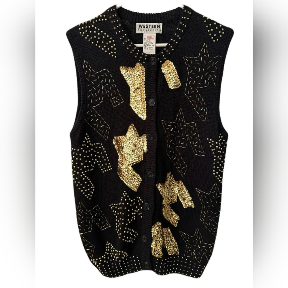 WESTERN CONNECTION Women's Gold Sequined Black Knit Sweater Vest
